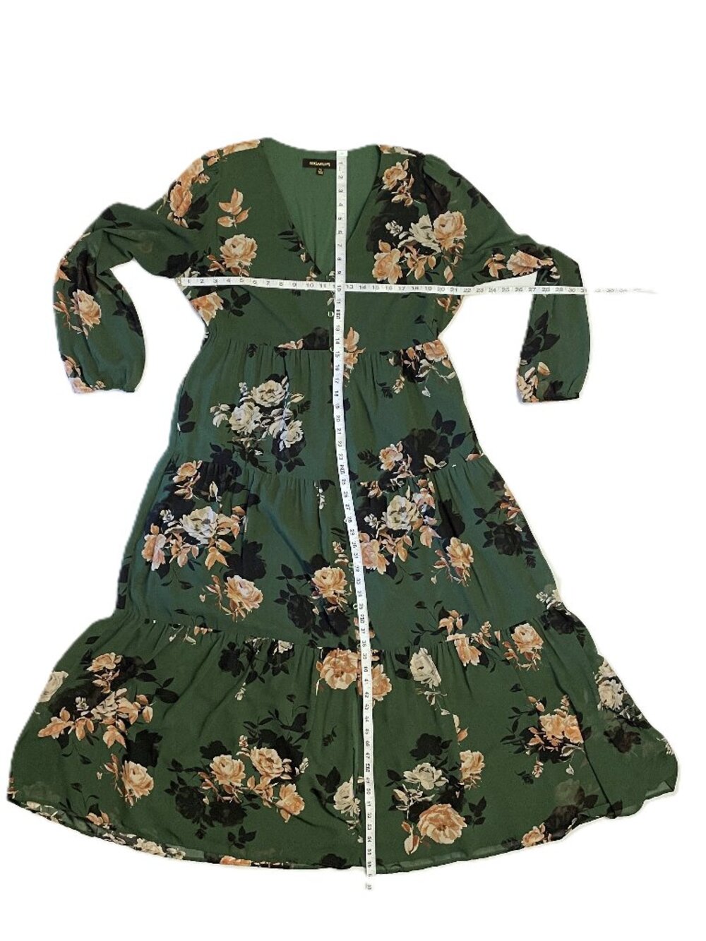 Sugarlips Dress XL Green Tiered Floral Long Sheer Sleeve Maxi Lined Graceful - Picture 7 of 14